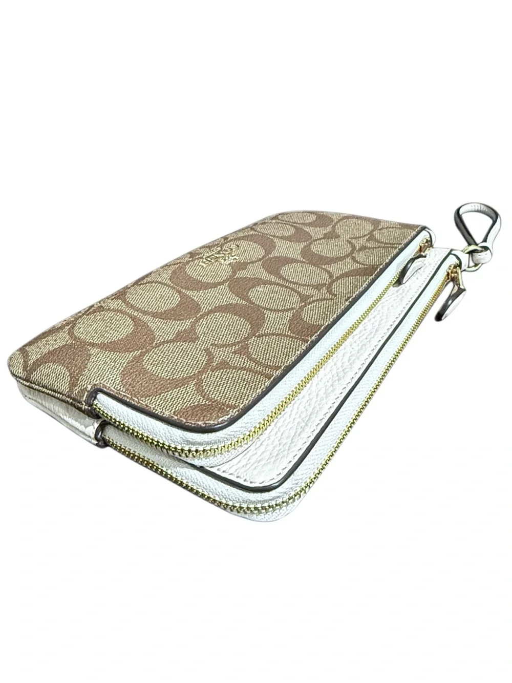 Coach C5576 Signature Canvas Double Zip Wallet Wristlet Brown Pebble Leather